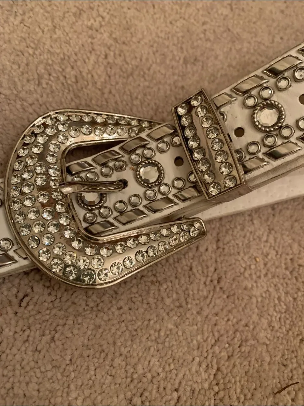 Vintage Studded Crystal Western Buckle Belt - White